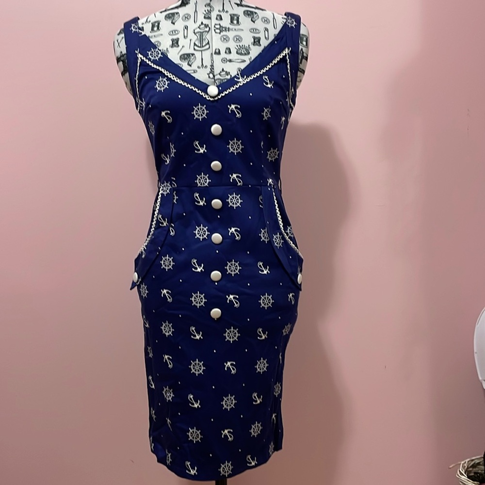 Voodoo Vixen Navy and White Anchor-Print Midi Dress